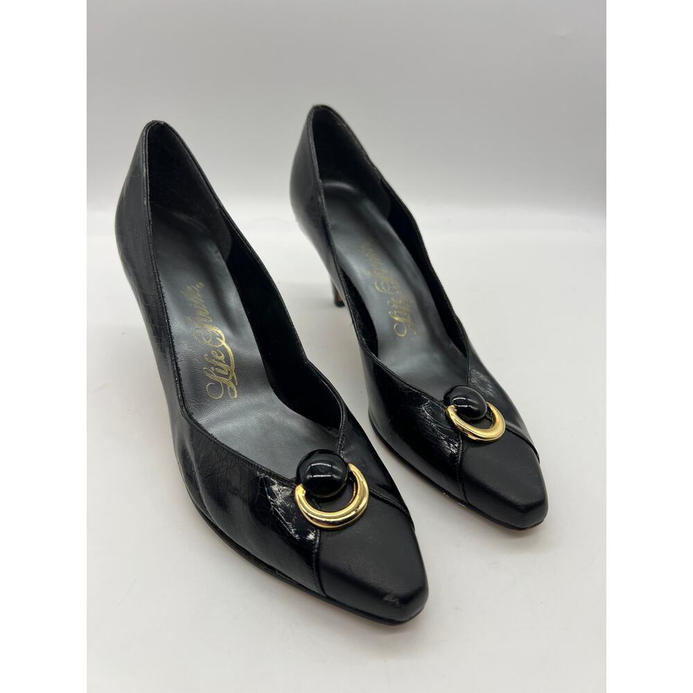 Life Stride Black Textured‎ Pumps Gold Buckle Detail Size 7B Heels